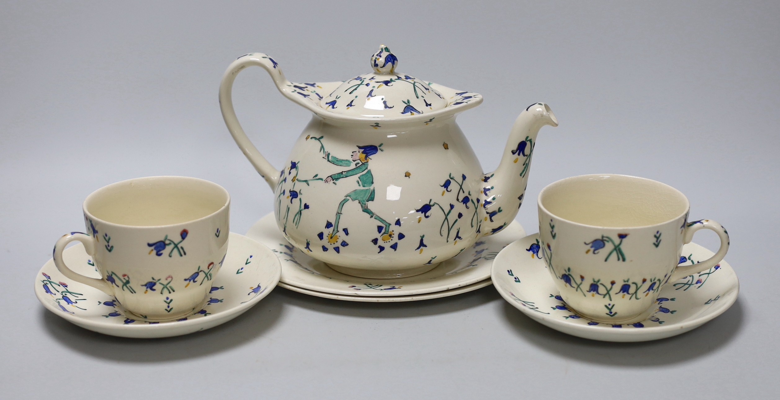 Jessie Marion King (1875-1949). The bluebells of Scotland teaset for two settings, including teapot, two cups and saucers and two tea plates